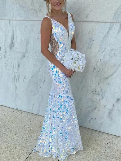 Sheath/Column V-neck Velvet Sequins Floor-length Beading Prom Dresses #Milly020112444