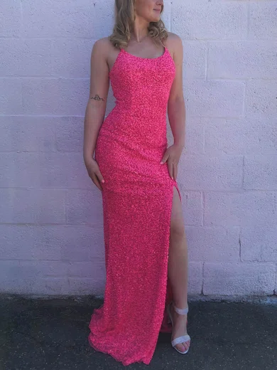 Sheath/Column Scoop Neck Sequined Sweep Train Prom Dresses With Split Front #Milly020112445