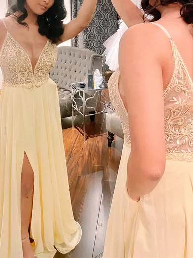 A-line V-neck Chiffon Sweep Train Prom Dresses With Split Front #Milly020112446