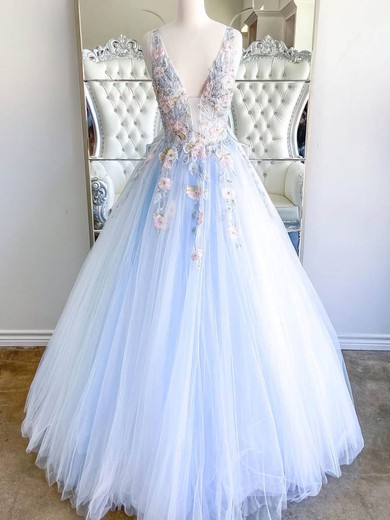 Ball Gown V-neck Lace Tulle Floor-length Flower(s) Prom Dresses #Milly020112452