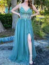 A-line V-neck Lace Tulle Sweep Train Prom Dresses With Split Front #Milly020112454