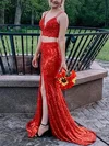 Trumpet/Mermaid V-neck Sequined Sweep Train Prom Dresses With Split Front #Milly020112456