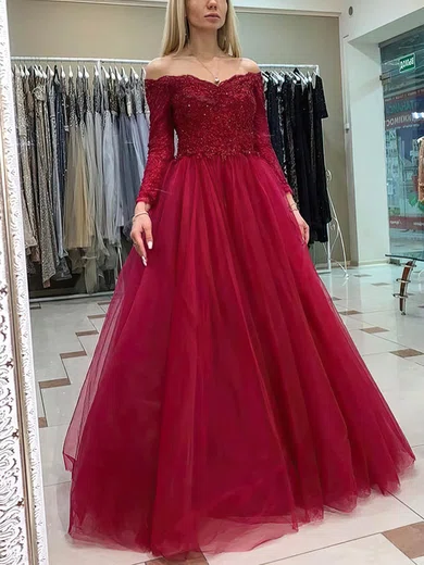 Princess Off-the-shoulder Lace Tulle Floor-length Prom Dresses With Appliques Lace #Milly020112459
