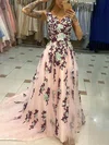 A-line V-neck Lace Tulle Sweep Train Prom Dresses With Appliques Lace #Milly020112461