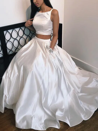 A-line Scoop Neck Satin Sweep Train Prom Dresses With Pockets #Milly020112462