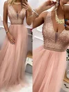 A-line V-neck Tulle Sweep Train Prom Dresses With Pearl Detailing #Milly020112473