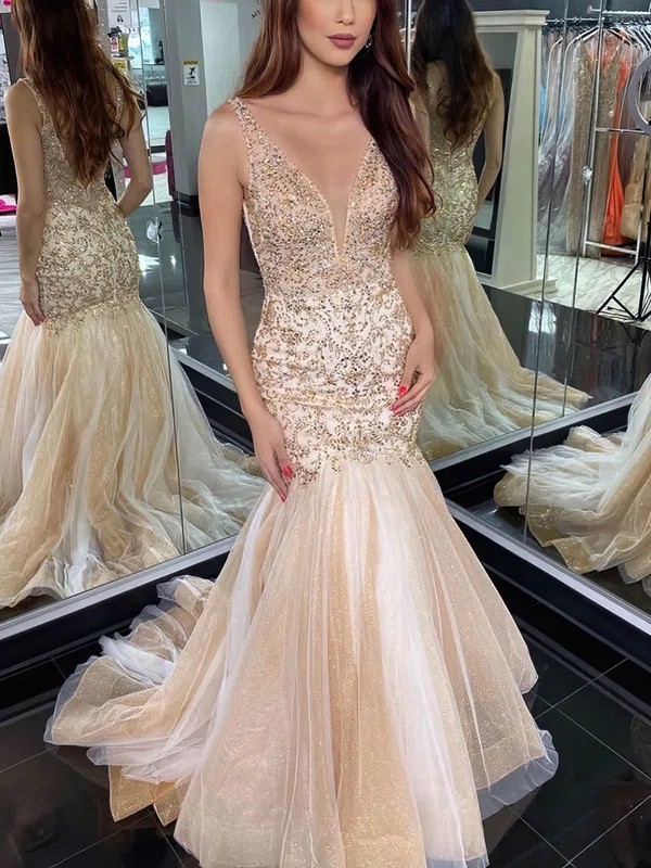 Trumpet/Mermaid V-neck Tulle Glitter Sweep Train Prom Dresses With Beading #Milly020112481