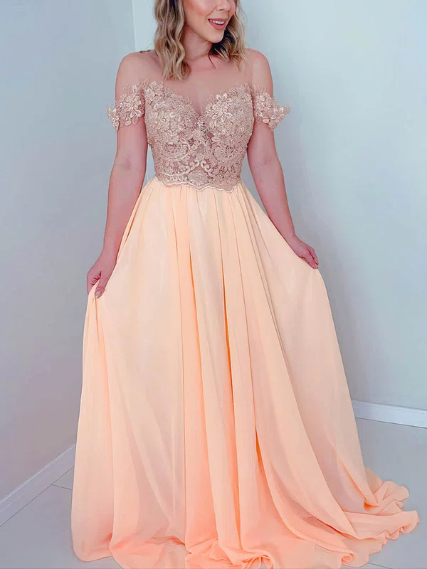A-line Scoop Neck Chiffon Floor-length Prom Dresses With Appliques Lace #Milly020112483