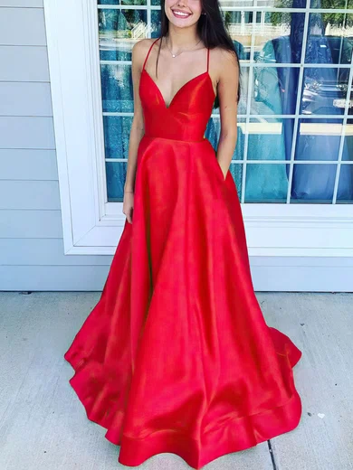A-line V-neck Satin Sweep Train Prom Dresses With Pockets #Milly020112484