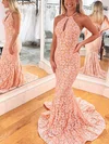 Trumpet/Mermaid Scoop Neck Lace Sweep Train Prom Dresses #Milly020112486