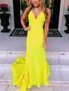 Trumpet/Mermaid V-neck Jersey Sweep Train Prom Dresses With Ruffles #Milly020112492