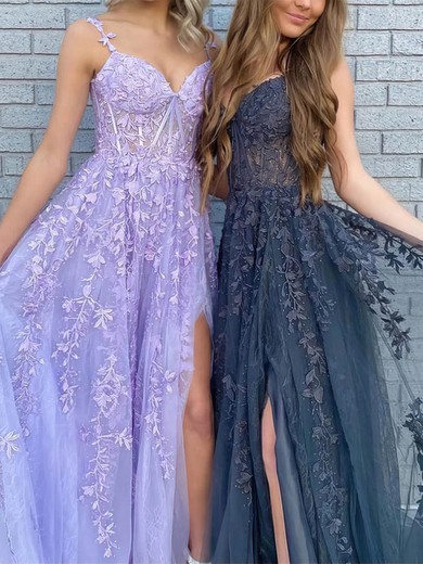 A-line V-neck Tulle Sweep Train Prom Dresses With Appliques Lace S020112505