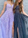 A-line V-neck Tulle Sweep Train Prom Dresses With Split Front #Milly020112505