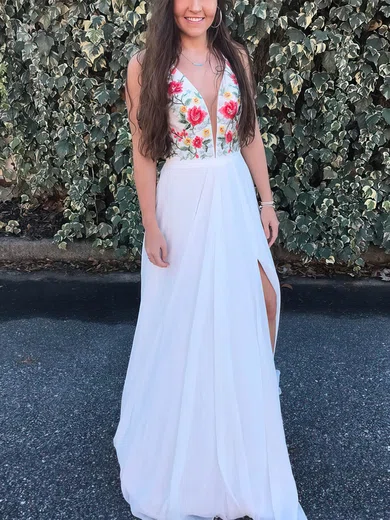 A-line V-neck Chiffon Sweep Train Prom Dresses With Split Front #Milly020112509