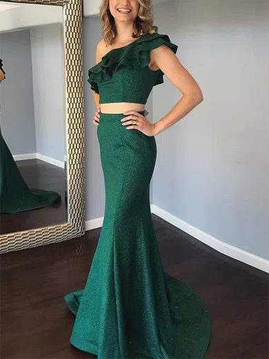 Trumpet/Mermaid One Shoulder Shimmer Crepe Sweep Train Prom Dresses With Cascading Ruffles #Milly020112512