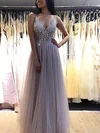 A-line V-neck Tulle Floor-length Prom Dresses With Beading #Milly020112513