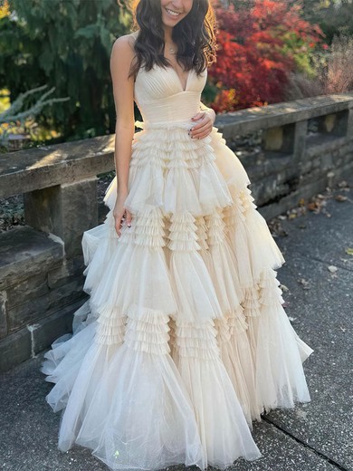 Ball Gown/Princess V-neck Tulle Floor-length Prom Dresses With Tiered S020112515