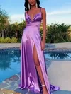 A-line V-neck Silk-like Satin Sweep Train Prom Dresses With Split Front #Milly020112516