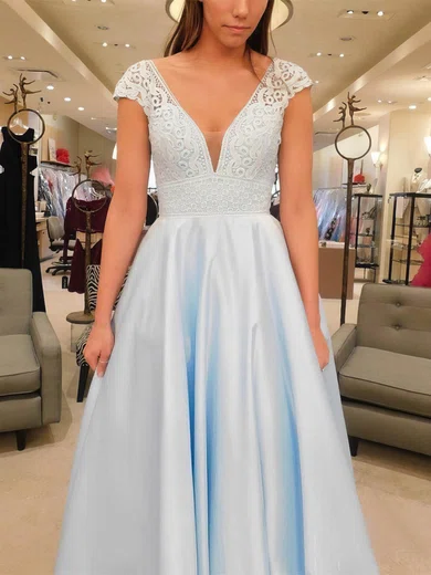 A-line V-neck Lace Satin Floor-length Prom Dresses #Milly020112531