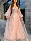 A-line Off-the-shoulder Tulle Floor-length Prom Dresses With Appliques Lace #Milly020112534