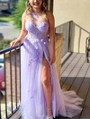 A-line One Shoulder Tulle Sweep Train Prom Dresses With Split Front #Milly020112537