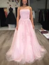 A-line Strapless Tulle Sweep Train Prom Dresses With Appliques Lace #Milly020112541