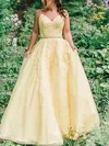 Princess V-neck Tulle Floor-length Prom Dresses With Appliques Lace #Milly020112543