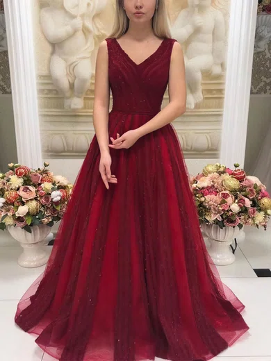 A-line V-neck Tulle Sequined Sweep Train Prom Dresses With Sequins #Milly020112546