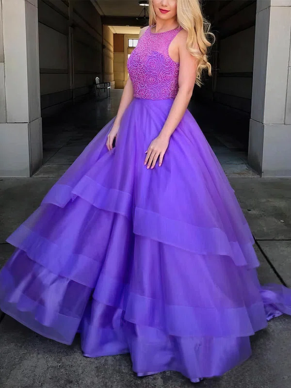Ball Gown Scoop Neck Lace Tulle Sweep Train Prom Dresses With Tiered #Milly020112547