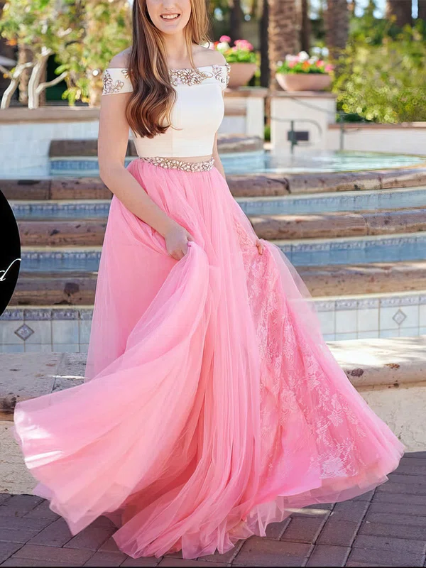A-line Off-the-shoulder Lace Tulle Floor-length Prom Dresses With Sashes / Ribbons #Milly020112548