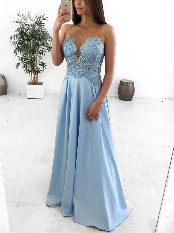 A-line Scoop Neck Silk-like Satin Floor-length Prom Dresses With Appliques Lace #Milly020112562