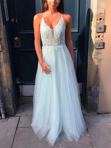 A-line V-neck Tulle Floor-length Prom Dresses With Appliques Lace #Milly020112564