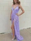 A-line V-neck Sequined Sweep Train Prom Dresses With Split Front #Milly020112565