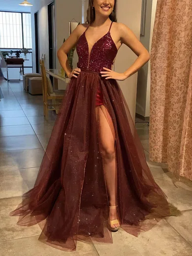 A-line V-neck Sequined Glitter Detachable Prom Dresses With Split Front #Milly020112569