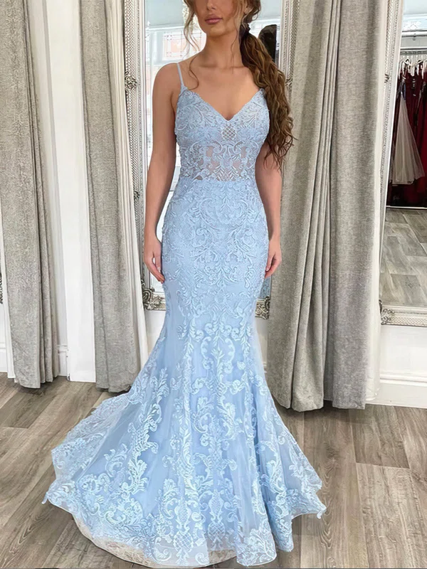 Trumpet/Mermaid V-neck Lace Sweep Train Prom Dresses #Milly020112571