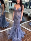 Trumpet/Mermaid V-neck Tulle Sweep Train Prom Dresses With Appliques Lace #Milly020112572
