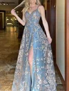 A-line Floor-length V-neck Lace Split Front Prom Dresses #Milly020112576