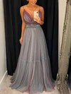 A-line V-neck Tulle Floor-length Prom Dresses With Sashes / Ribbons #Milly020112582