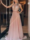 A-line High Neck Lace Chiffon Floor-length Prom Dresses With Sashes / Ribbons #Milly020112583