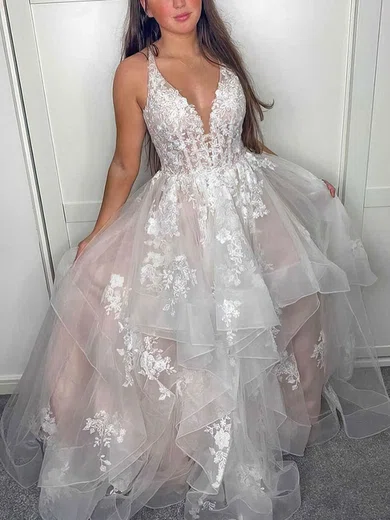 A-line V-neck Tulle Sweep Train Prom Dresses With Appliques Lace #Milly020112587