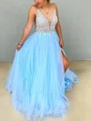 A-line V-neck Tulle Floor-length Prom Dresses With Split Front #Milly020112590