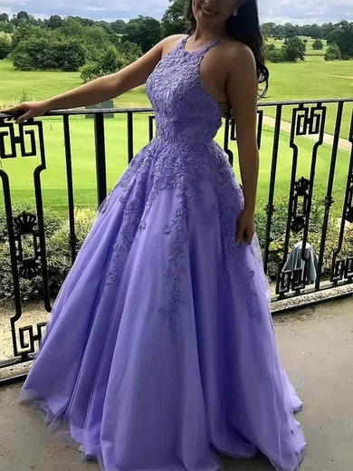 A-line Halter Tulle Floor-length Prom Dresses With Appliques Lace #Milly020112591