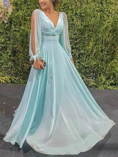 A-line V-neck Chiffon Floor-length Prom Dresses With Ruffles #Milly020112597