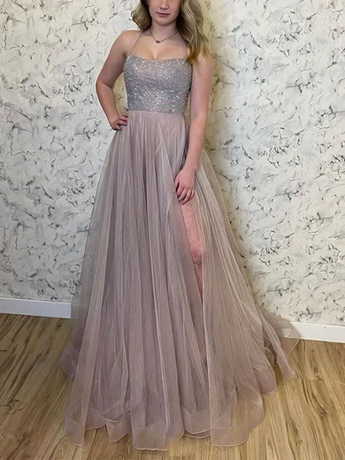 A-line Scoop Neck Tulle Sweep Train Prom Dresses With Split Front #Milly020112599