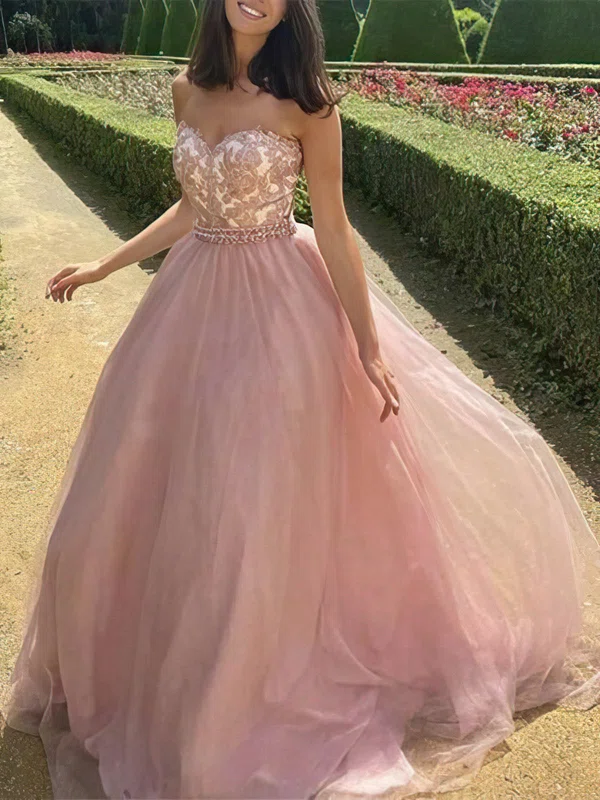 A-line Sweetheart Tulle Sweep Train Prom Dresses With Appliques Lace #Milly020112600
