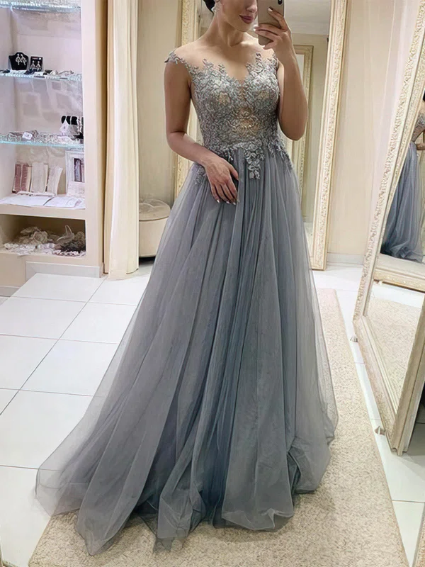 A-line Scoop Neck Tulle Sweep Train Prom Dresses With Appliques Lace #Milly020112601