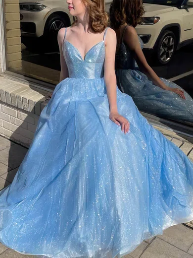 Ball Gown V-neck Floor-length Glitter Tulle Prom Dresses #Milly020112602