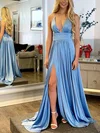 A-line V-neck Silk-like Satin Sweep Train Prom Dresses With Split Front #Milly020112604