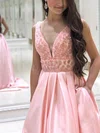 A-line V-neck Satin Sweep Train Prom Dresses With Pockets #Milly020112608