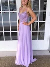 A-line V-neck Chiffon Floor-length Prom Dresses With Appliques Lace #Milly020112617